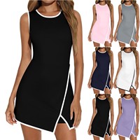 Vestido Deportivo Ajustado de Dos Piezas con Bloques de Color, Cintura Elástica y Cuello Redondo, Ideal para Citas Diarias y Fiestas de Verano