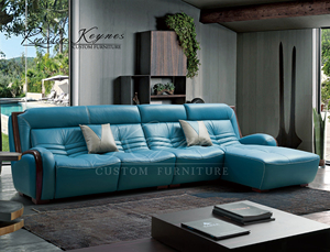 Canapé inclinable 3 places en cuir véritable Keynes, accoudoirs incurvés, structure en bois, bleu, design contemporain, pour la maison - Product Image 2