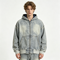 Hoodie Denim Acid Wash Distressed dengan Ritsleting EST 1987 97 Patchwork Streetwear untuk Reseller, Tersedia Kemasan OEM
