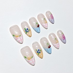 <span class=keywords><strong>Uñas</strong></span> Postizas Modernas Muhaha, Diseño Francés Veraniego a Cuadros con Frutas - Product Image 1
