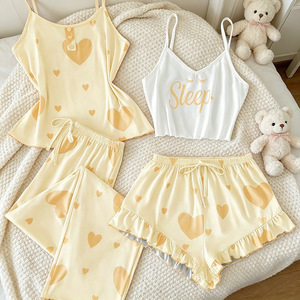 Conjunto de 4 piezas para mujer: Camisola, pantalones cortos, pijama, ropa de dormir con estampado de letras, top de dos tirantes, pantalones, atuendo de verano sin mangas, ropa de dormir. - Product Image 3