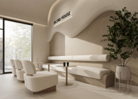 Aménagement intérieur moderne de boulangerie, comptoir bar incurvé, présentoir à pâtisseries, mobilier sur mesure pour toute la boutique, rénovation de boulangerie.