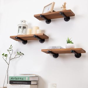 Houten Drijvende Planken Met Industriële Pipeholdersaset Of3-story Aan De Muur Gemonteerde Shelvesforbathroomsslaapkamers, Woonkamers, Kantoren - Product Image 3