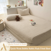 Draps-housses en peluche de lapin bouffant, couleur unie, épais, pour l'hiver, 360 °   Protège-matelas épais et chaud à rayures, entièrement enveloppant