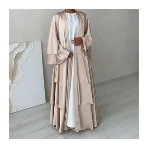 Últimas Dubai Turquia Omã Vestuário Islâmico Elegante Personalizado Kimono Abaya Kaftan Mulheres Muçulmano Vestidos Cetim 3 Camadas Abertas Abaya