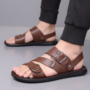 Sandales à lanières croisées pour hommes, en cuir véritable, semelle extérieure en caoutchouc antidérapante, décontractées d'été, à bout ouvert, avec boucle, grandes tailles - Product Image 2