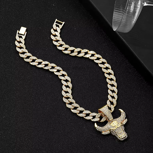 European American Hip-Hop <b>Style</b> Necklace Stylish Animal Bull <b>Head</b> Pendant Full Diamonds 15mm Cuban Chain Street <b>Style</b> - Product Image 4