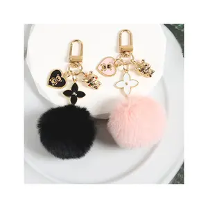 New Fashion Pearl Faux Plush Hair Ball Four Leaf Clover Cute Bear Pig Keychain Soft Fluffy Wallet Phone Headset Charm