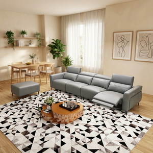 Sofá <span class=keywords><strong>Reclinable</strong></span> Eléctrico Moderno de Cuero Genuino <span class=keywords><strong>Gris</strong></span> con Botón de Encendido y Estructura de Madera, <span class=keywords><strong>Reclinable</strong></span> Inteligente Ajustable - Product Image 1