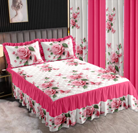 En Stock, Parure de Lit Luxe 7 Pièces Jupe de Lit Imprimée Florale Taille King avec Rideaux Assortis et Drap Housse