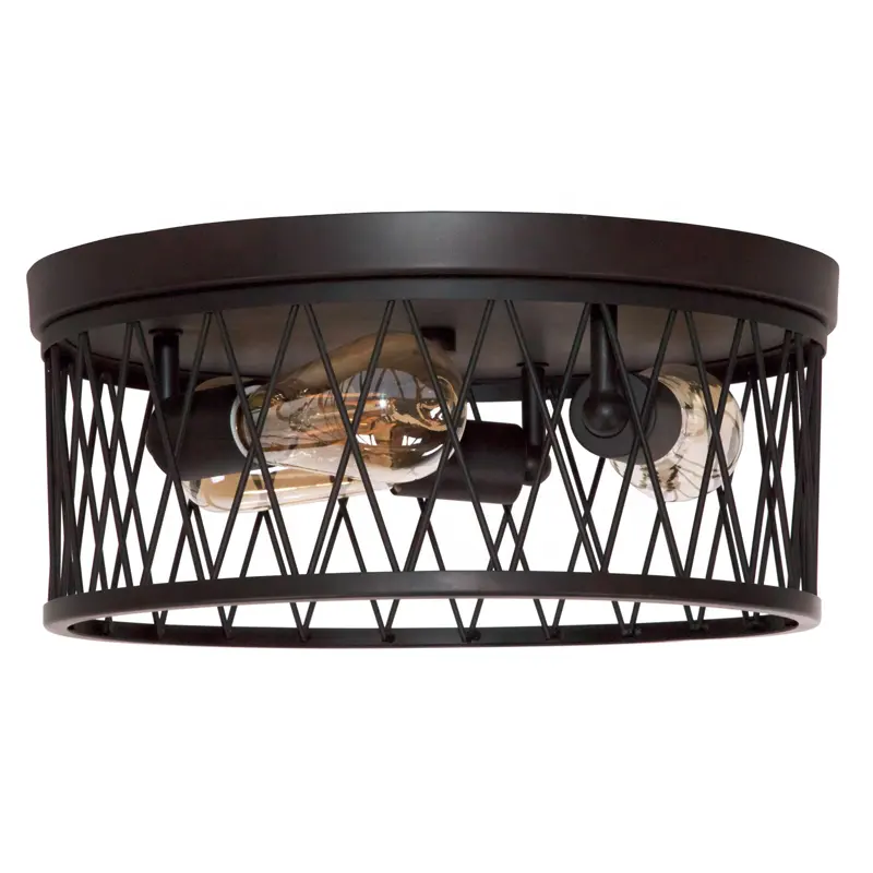 Vintage Bronze metal 3-light 14.5'' caged drum industrial decorative indoor corridor balcony ceiling lamp