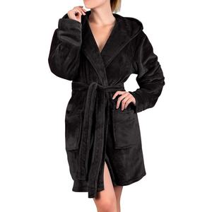 Thêm ấm áp mùa đông housecoat đen sợi nhỏ lông cừu áo choàng tắm ngắn phụ nữ trùm đầu áo choàng với biểu tượng tùy chỉnh - Product Image 1