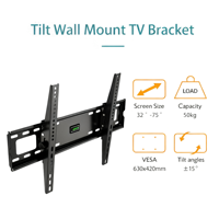 Support mural inclinable pour téléviseurs de 32 à 75 pouces, inclinaison de ±15 degrés, VESA 100x100 à 600x400 mm avec niveau à bulle, fixation murale T65