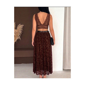 Women's Brown Flocked Tulle Skirt <b>Elastic</b> Waist 100 Cm Hijab Friendly Long A Line - Product Image 4