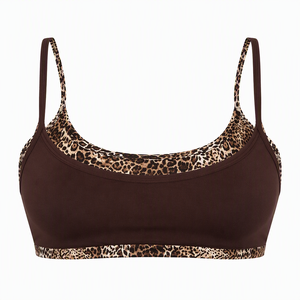 Soutien-gorge de sport dos nageur marron expresso premium pour femme, motif écossais, maintien moyen, extensible dans quatre directions, broderie 3D, bordure contrastante - Product Image 5
