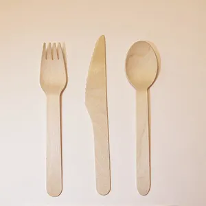 Ensemble de vaisselle en vrac biodégradables, naturel, avec cuillère/fourchette/couteau en bois, 5 pièces