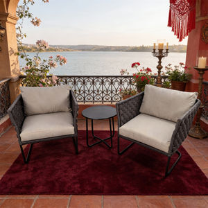 Ensemble de conversation d'extérieur bohème avec design tressé et structure métallique résistant aux intempéries pour bord de lac, styles personnalisables - Product Image 1