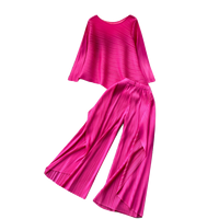 Ensemble élégant plissé 2 pièces : haut à manches longues et pantalon large fendu – Tenue décontractée et habillée pour le printemps et l'été