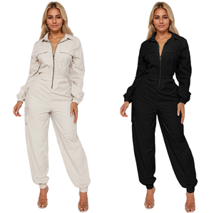 Outdoor Autumn Solid <b>Knitting</b> Cargo Jumpsuit-Elastic Waist Zipper Detail Pockets Breathable ODM Women's Streetwear - Product Image 1