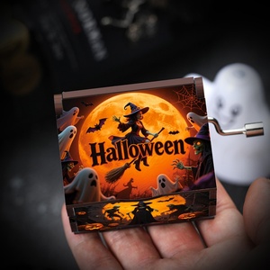 Boîte à musique à manivelle sur le thème d'Halloween, sorcière, fantôme, citrouille, peinte, pour décoration et cadeau - Product Image 2