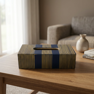 Boîte à mouchoirs rectangulaire en MDF avec rayures dorées, design bleu marine, réutilisable, rangement intérieur pour fournitures du Ramadan, décoration de table, pour voiture - Product Image 1