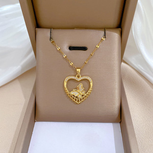 Collana con Ciondolo a Cuore e Farfalla in Acciaio Inossidabile con Zirconi per Donne, Catena per Clavicola, Gioielli Romantici (NL122) - Product Image 1