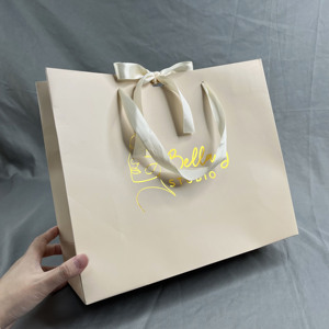 Custom Nude Peach Paper Gift Bags Gold Foil Hot Stamping Logo With Satin <b>Ribbon</b> Bow Handle Clothing <b>Wedding</b> Packaging - Product Image 1
