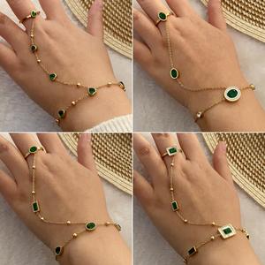 Accesorios de moda joyería de acero inoxidable cristal <span class=keywords><strong>verde</strong></span> esmeralda Zirconia amor corazón anillo pulsera dedo cadena pulsera oro - Product Image 2