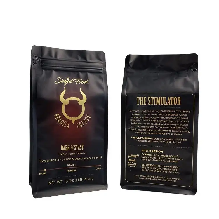 New Wholesale 100 Recyclable Valve Biodegradable 1k Digital Print 8 Oz 2kg 2 Oz 16oz Matte Black Coffee Bag