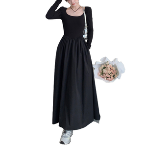 Elastic Waist Scoop Neck Long Sleeve A-Line Maxi Dress Solid Black Casual Daily Wear Woven Polyester Loose Fit Full Length - Product Image 1