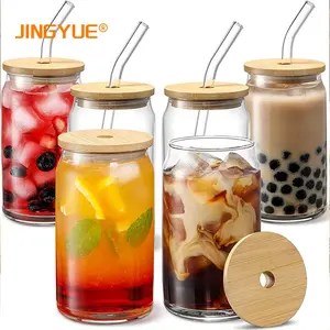 Custom Logo Iced Coffee Cocktail Drinking Glasses 6pc Set - 12oz 16oz Libbey Can Shaped Glass Cups With Bamboo Lid And Straw