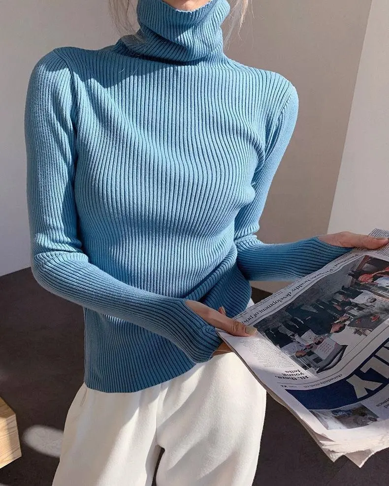 Heaps collar Turtleneck Sweaters Autumn Winter Slim Pullover Women Basic Top Casual Soft Knit Sweater finger through Warm Jumper