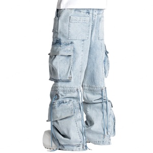 Pantalones Cargo Extra Holgados de Mezclilla Azul 100% Algodón, Lavado Desgastado, con Múltiples Bolsillos, Estilo Urbano, para Hombre, Venta al Por Mayor - Product Image 4