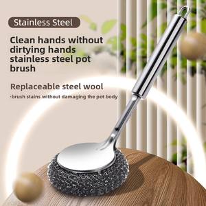 Brosse à récurer les casseroles en acier inoxydable à long manche, avec embout en silicone pratique pour nettoyer et laver les casseroles Hometeel Wire Ball - Product Image 5