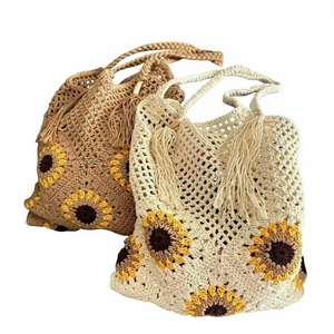 Sac fourre-tout en tissu de coton tressé pour femme, grande capacité, motif tournesol ajouré, idéal pour les vacances à la plage - Product Image 1