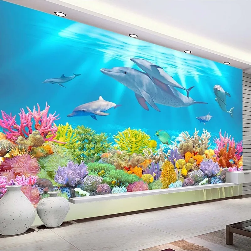 Photo 3D Dunia Bawah Laut Dolphin Coral Besar Mural Dapur Hotel Kamar Tidur Ruang Tamu Ruang Kerja Lukisan Dinding Dekorasi Wallpaper