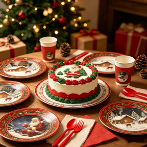 Bộ đồ dùng tiệc Giáng Sinh chủ đề Ông già Noel, đồ trang trí lễ hội, đĩa giấy, cốc giấy, khăn ăn, khăn trải bàn dùng một lần - Product Image 6