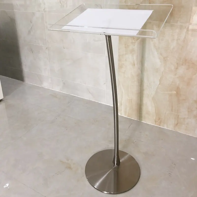 Rõ Ràng Hiện Đại Minimalism Kim Loại Podium Pha Lê Acrylic Thép Không Gỉ Arc Lectern Glass Acrylic Nhà Thờ Pulpit