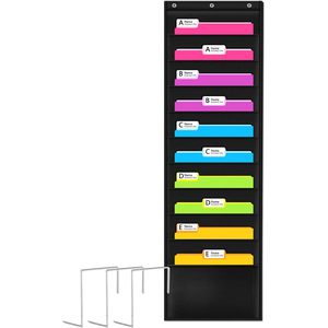 Organisateur de dossiers suspendus à 10 poches, rangement mural noir pour bureau et maison avec 3 supports en acier inoxydable - Product Image 1