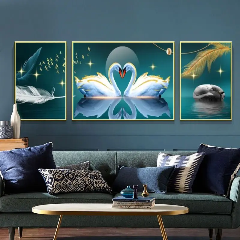 Set di 3 pezzi di immagine del cigno soggiorno divano sfondo decorazione della parete pittura moderna e minimalista pittura in porcellana di cristallo
