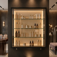 Vitrine cosmétique murale rétroéclairée en verre noir mat et or avec étagères en verre