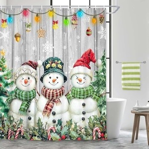 Cortina de Ducha de Poliéster Verde con Diseño Navideño de Muñecos de Nieve, Cortina de Baño con Impresión Digital Personalizada, Venta al Por Mayor Moderna - Product Image 6