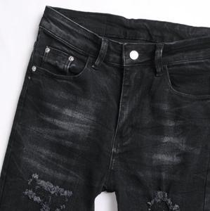 Jeans Neri Strappati con Patch in Stile Punk per Uomo, Pantaloni Casual Elasticizzati a Vita Media con Ricami, <span class=keywords><strong>Abbigliamento</strong></span> <span class=keywords><strong>Hip</strong></span> <span class=keywords><strong>Hop</strong></span> - Product Image 4