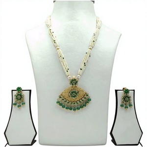 Elegant Silver <b>Beaded</b> Long Necklace <b>Set</b> with White Pearls Green Stones Gold Traditional Pendant and Matching Earrings - Product Image 3