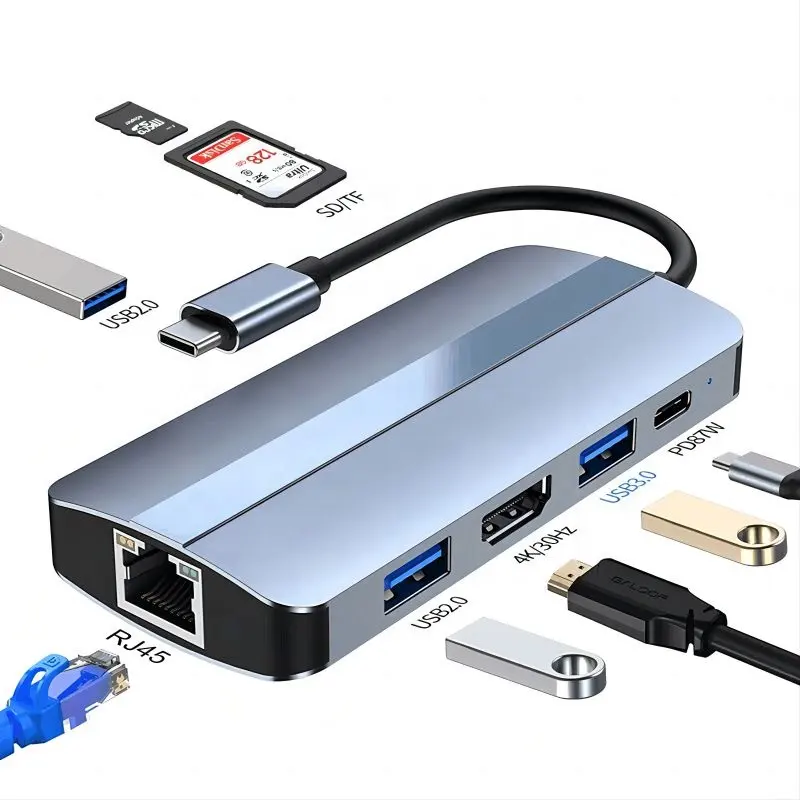 Xput USB C 허브 8 In 1 with 4K HDMI RJ45 SD/TF 카드 리더기 PD 고속 충전 Type-C USB-C 허브 멀티 포트 도크 스테이션 어댑터