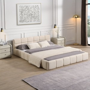 Modern Queen Size <strong>Beige</strong> Upholstered Bedroom Bed Frame with Checkerboard Design - Product Image 3