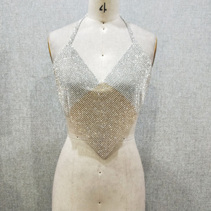 2024 Fashion Backless Triangle Gold <strong>Silver</strong> Splicing Pattern Aluminum Rhinestone Mesh Crystal <strong>Crop</strong> <strong>Top</strong> - Product Image 1