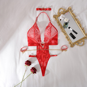 Bodysuit Jaring Transparan Grosir dengan Tali Leher Rantai, Set Lingerie Seksi Bordir Renda - Product Image 6