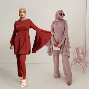 Muslim women silky satin two piece set wholesale islamic clothing top and open pant style trousers with angel sleeves