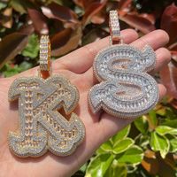 Liontin Huruf Berlapis Emas Iced Out Bling, Liontin Huruf Hip Hop Berlian Baguette Iced Out, Kalung Liontin Perhiasan
